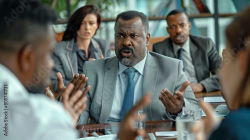 A black man in a suit and tie is arguing with a group of people in a conference room. photo