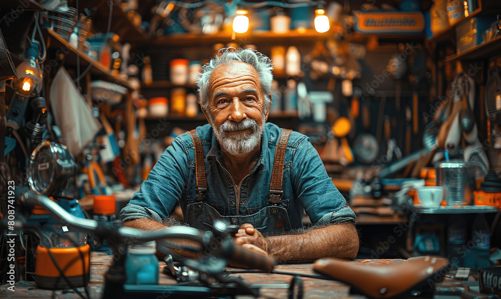 An extremely happy satisfied man sitting in the middle of his garage near a cycling bikes An extremely happy satisfied man sitting in the middle of his garage near a cycling bikes