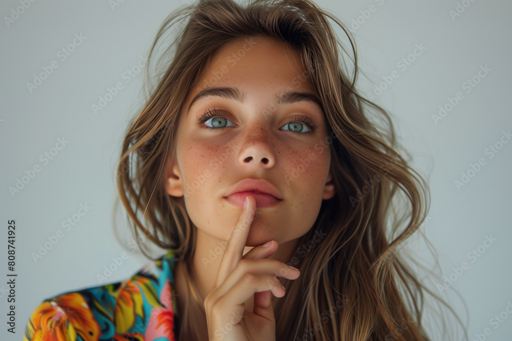 Beautiful Young Woman Thinking, Clear Background, Generative AI Beautiful Young Woman Thinking, Clear Background, Generative AI