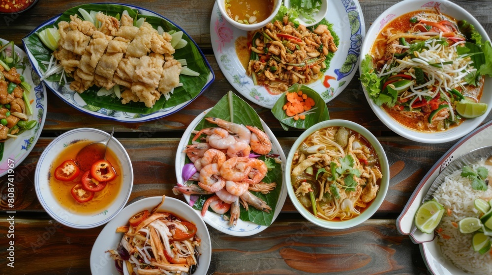 Thai food, mango salad, crispy pork, papaya salad, fried shrimp, noodles, fried chicken, plain rice, pork fried rice, shrimp fried rice or food that Thai people like to eat or seafood. Thai food, mango salad, crispy pork, papaya salad, fried shrimp, noodles, fried chicken, plain rice, pork fried rice, shrimp fried rice or food that Thai people like to eat or seafood.