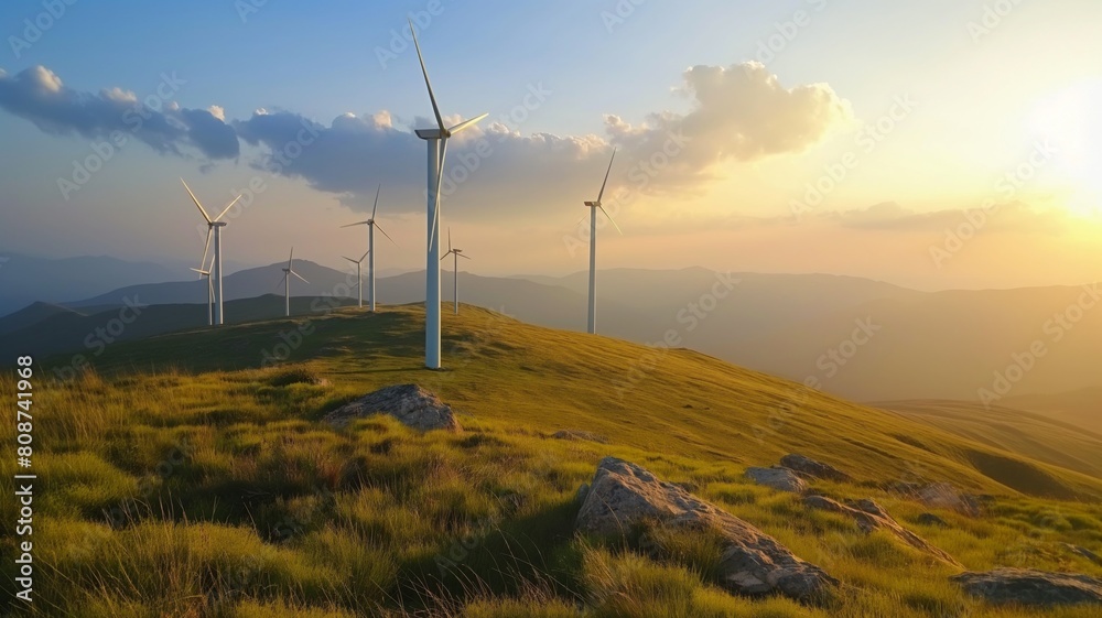 A group of wind turbines stand tall on a grassy hill as the sun sets behind them, creating a mesmerizing scene of renewable energy in motion