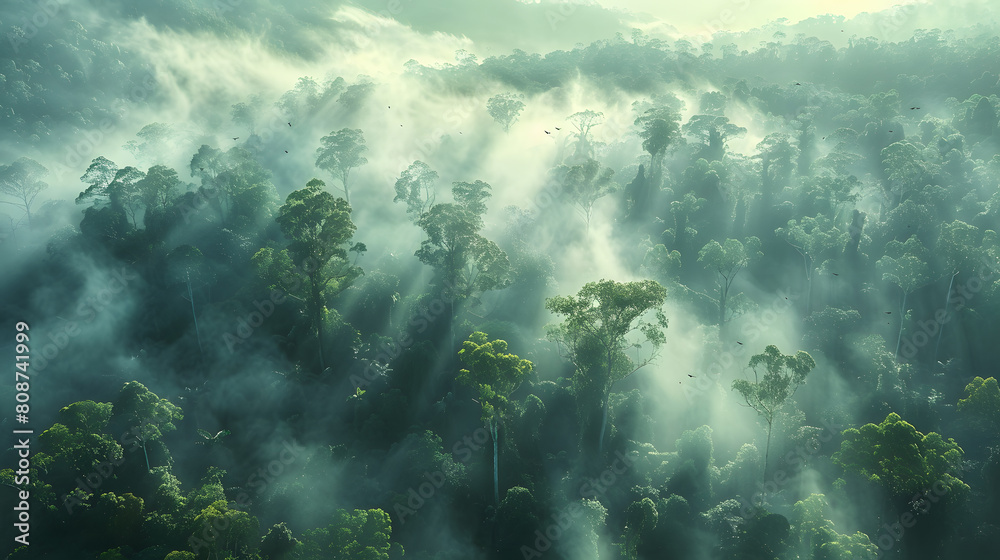 A photo featuring a dense forest canopy shrouded in morning mist. Highlighting the towering trees and lush greenery, while surrounded by a chorus of bird songs A photo featuring a dense forest canopy shrouded in morning mist. Highlighting the towering trees and lush greenery, while surrounded by a chorus of bird songs