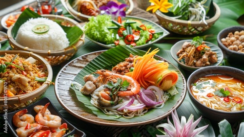 Thai food, mango salad, crispy pork, papaya salad, fried shrimp, noodles, fried chicken, plain rice, pork fried rice, shrimp fried rice or food that Thai people like to eat or seafood.