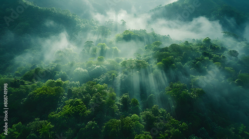 A photo featuring a dense forest canopy shrouded in morning mist. Highlighting the towering trees and lush greenery  while surrounded by a chorus of bird songs