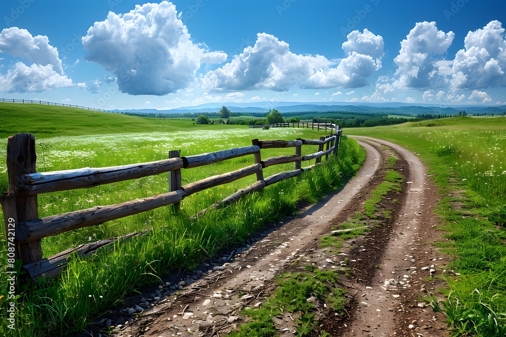 Scenic Country Road and Wooden Fence in Lush Green Meadow Under Blue Sky