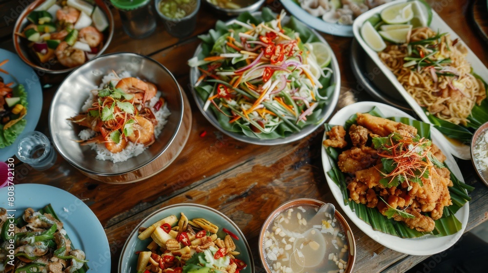 Thai food, mango salad, crispy pork, papaya salad, fried shrimp, noodles, fried chicken, plain rice, pork fried rice, shrimp fried rice or food that Thai people like to eat or seafood. Thai food, mango salad, crispy pork, papaya salad, fried shrimp, noodles, fried chicken, plain rice, pork fried rice, shrimp fried rice or food that Thai people like to eat or seafood.