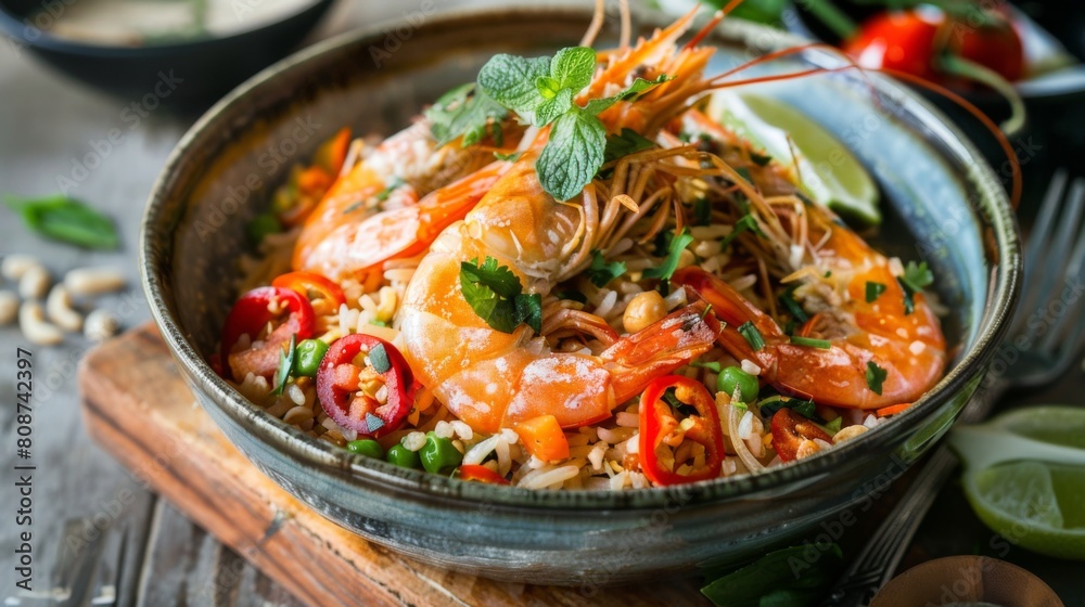 Thai fried rice with Tom Yam Kung (Freshwater prawns) on wooden table Thai fried rice with Tom Yam Kung (Freshwater prawns) on wooden table
