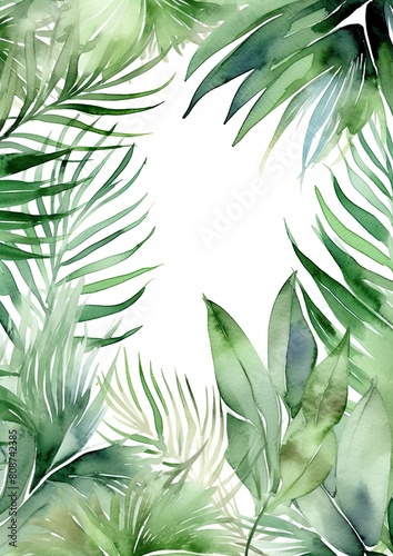 Card border  Green Leaves Watercolor Painting on White Background