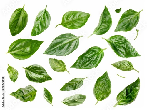 Sweet Basil Sweet basil leaves, distinct from Thai basil, displayed for their sweeter flavor profile, used in various dishes, isolated on white blackground. photo