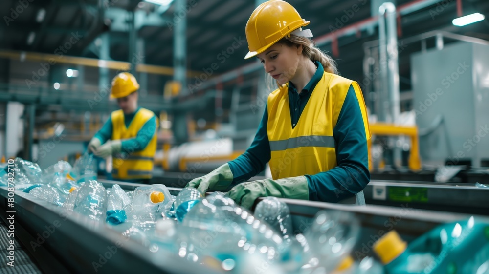 A woman in a hard hat and yellow vest works diligently on a conveyor belt, sorting recyclable materials for processing