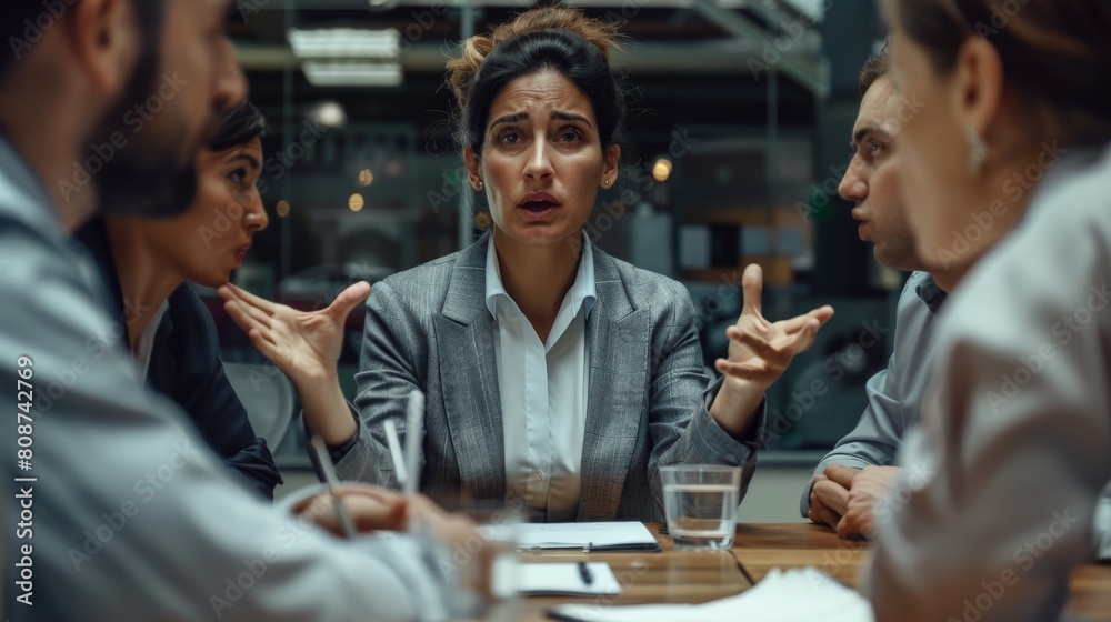 A group of people are sitting around a table having a meeting. A woman is speaking and she is looking at the person sitting across from her. She is gesturing with her hands. The other people are liste