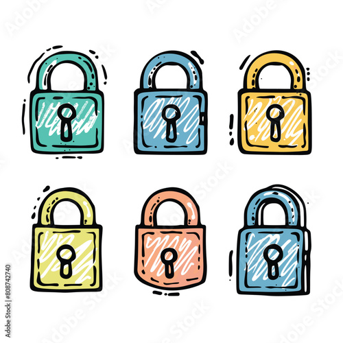 Handdrawn colorful padlocks, six security locks cartoon. Different shades padlocks, doodle style, security concept art. Assorted padlocks artwork, vibrant colors, sketchy outline, icons