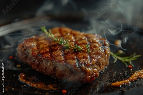 Fresh grilled meat. Grilled beef steak medium rare on black pan