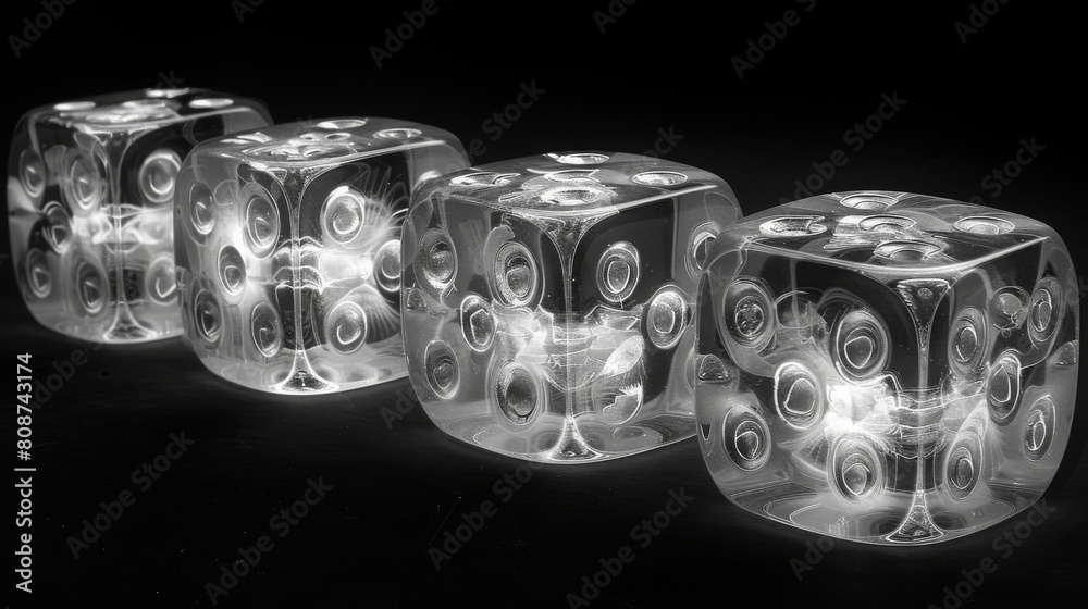 X-ray scan of a set of dice, displaying the numbers and arrangement. X-ray scan of a set of dice, displaying the numbers and arrangement.