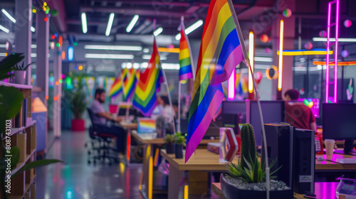 Modern tech office decorated for Pride Month, rainbow flags on every desk, high-tech gadgets and colorful LED lighting, employees wearing Pride-themed attire, working happily, office photography, Niko photo
