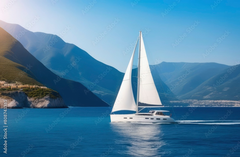 White yacht in the sea against the backdrop of mountains and forest on a sunny day.