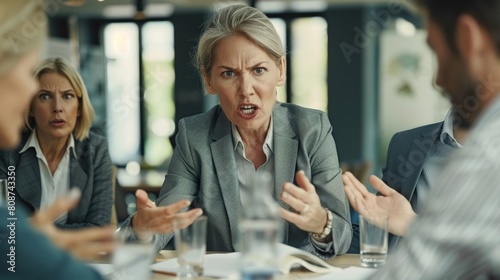 A professional businesswoman looks angry while having a meeting with her coworkers. photo