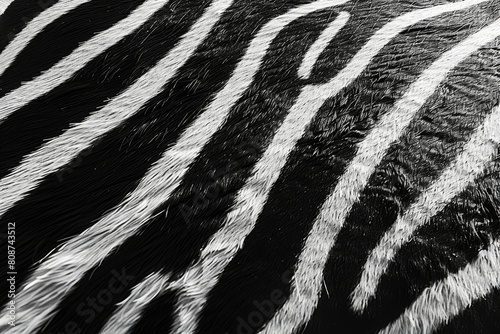 Intricate and detailed abstract zebra stripes pattern in high contrast black and white, close up of the animal skin texture
