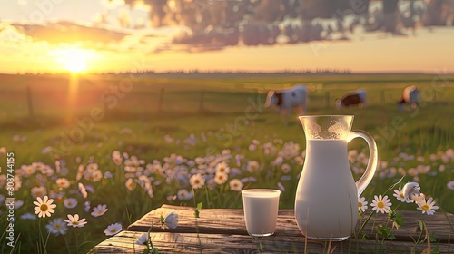 milk in a glass and jug on a wooden table against a green meadow with cows at sunset