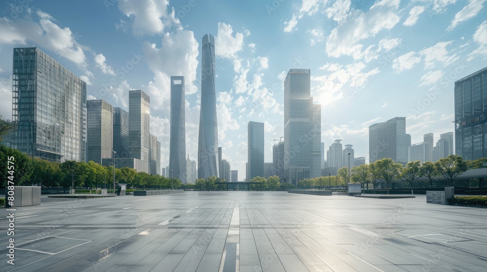 City square and skyline with modern buildings blue white background City square and skyline with modern buildings blue white background