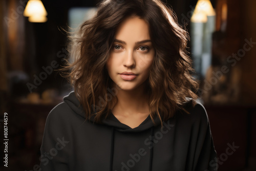 portrait of a young beautiful girl on the background of a dark interior with lights, modern style and fashion, lifestyle