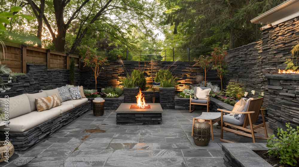 Serene patio area with bluestone walls, a warming fire pit, and comfortable seating.