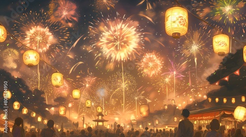 Japanese Summer Festival Fireworks Anime Style Poster Wallpaper