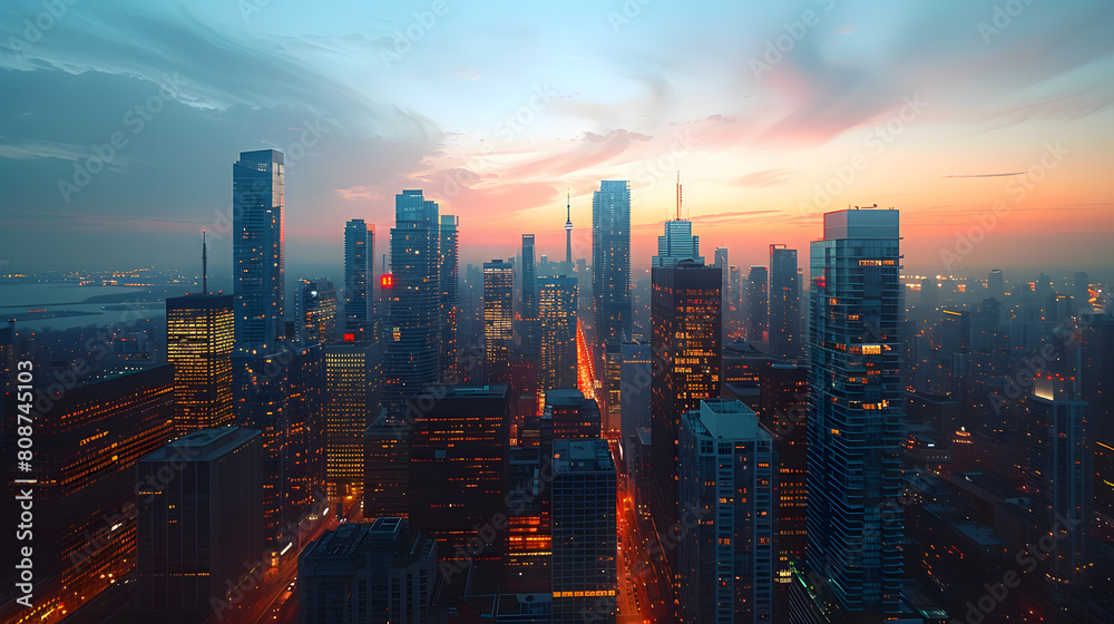 Obraz premium A photo featuring a bustling city skyline at twilight. Highlighting the illuminated skyscrapers and bustling streets below, while surrounded by the glow of city lights