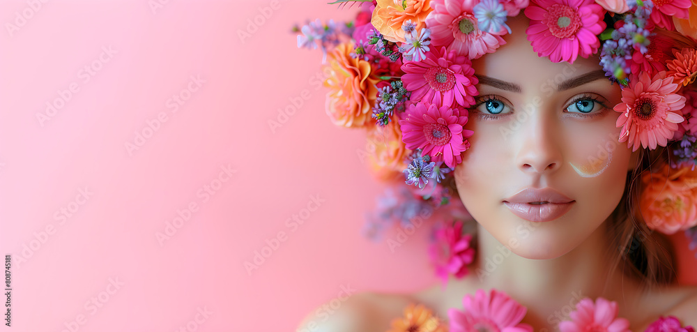 Surreal abstract woman portrait with flowers over head on pink background. Summer colors. Concept of environmental friendliness and naturalness of cosmetic products. Banner.