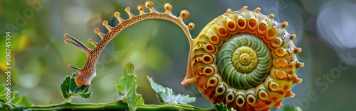 A large, colorful snail is crawling up a leaf