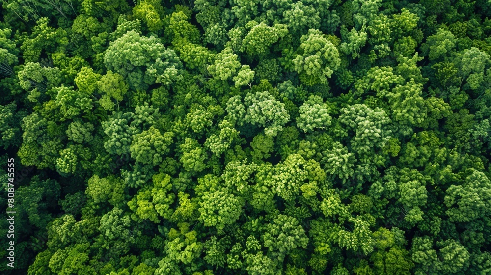 Aerial View Of Forest. Young Green Forest in Spring or Summer. Drone Perspective of Tree Plantation
