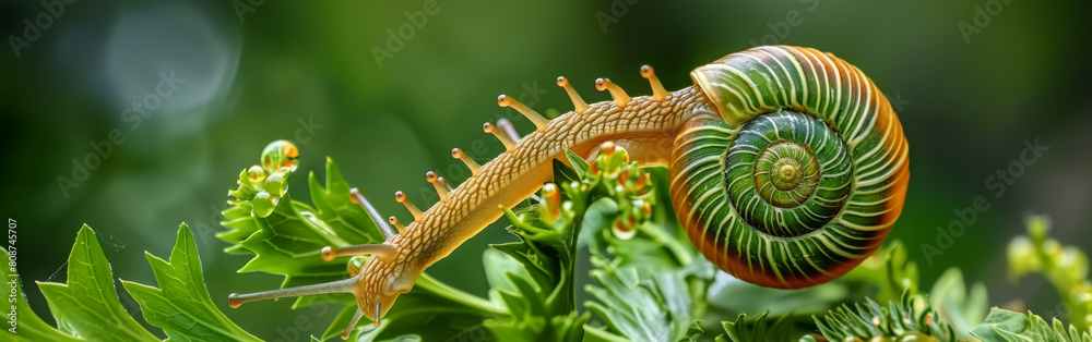 A large green and yellow snail is on a leaf A large green and yellow snail is on a leaf