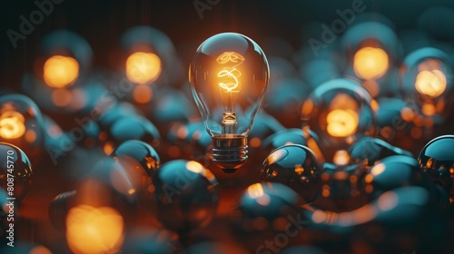 3D illustration of a unique light bulb floating among ordinary bulbs, glowing brightly in a dark space, symbolizing the concept of thinking differently photo