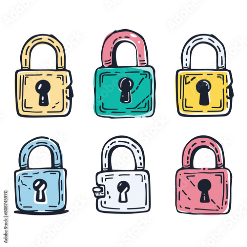 Six colorful handdrawn padlocks, security icons, vector graphic. Cartoon style locks, colorful doodle, safety protection symbols, isolated white background. Trendy lock illustrations, creative