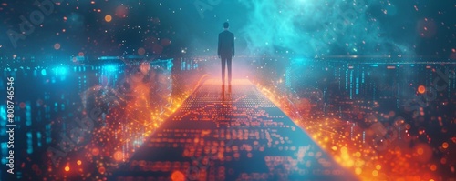 Career success 3D concept  a figure in business attire standing on top of a graph that shows growth  with abstract digital elements