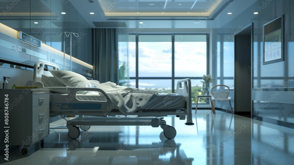 Obraz premium Hospital room showing ERP system managing patient data, clean and modern, health care focus