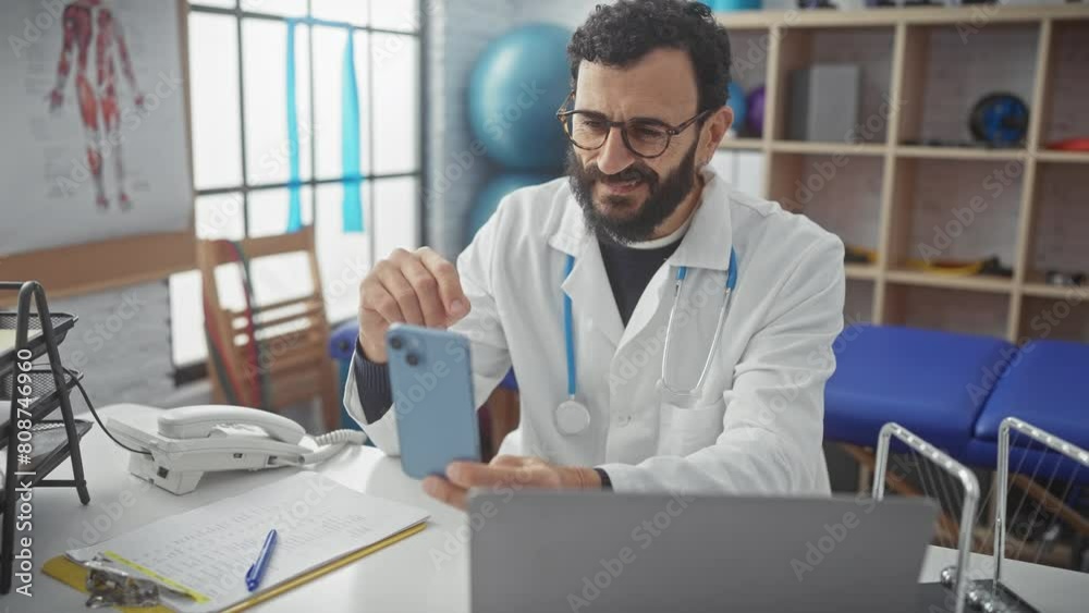 Middle-aged bearded doctor in glasses using smartphone in clinic office with anatomy poster in background Middle-aged bearded doctor in glasses using smartphone in clinic office with anatomy poster in background