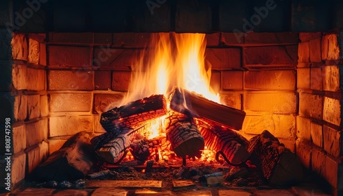 Cozy Fireplace with Burning Logs and Warm Glow