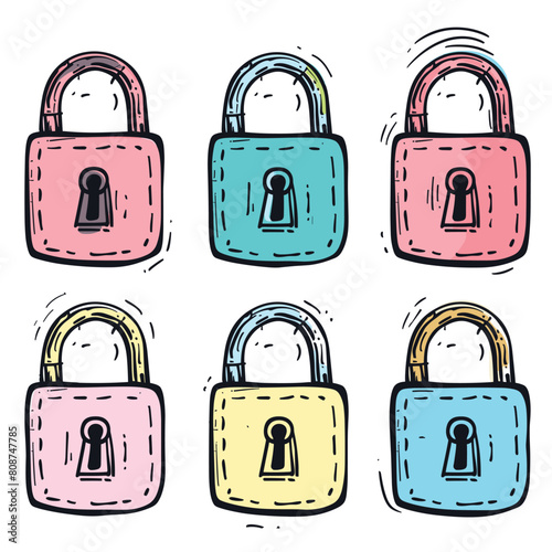 Six colorful padlocks handdrawn cartoon style, security concept isolated white background. Different colors padlock sketches, doodle, protection theme vibrant drawing. Cartoon locks, illustration
