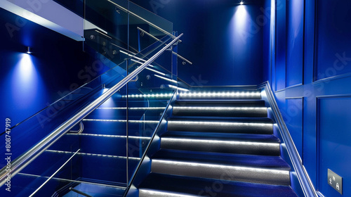 Sleek stairs with dark blue walls, a glass balustrade, and integrated LED lights.