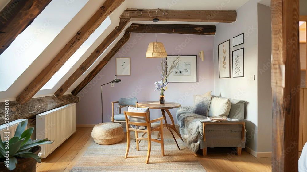 Charming attic studio with light lavender paint, wooden beams, and modern touches. Charming attic studio with light lavender paint, wooden beams, and modern touches.