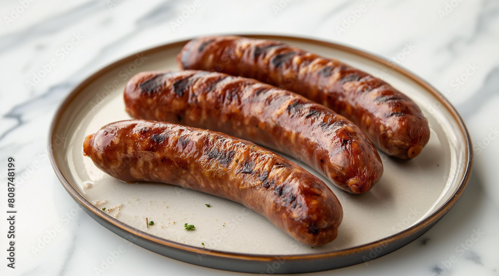 3 grilled sausages on a plate with a white marble background 3 grilled sausages on a plate with a white marble background