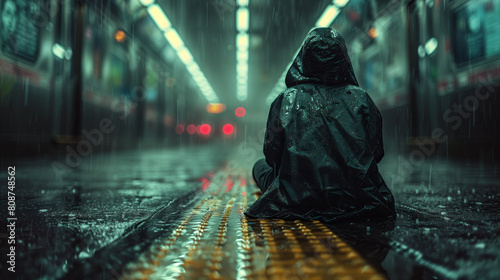 AI Image. Homeless woman wearing coat with hood sitting in a railway station under the rain photo