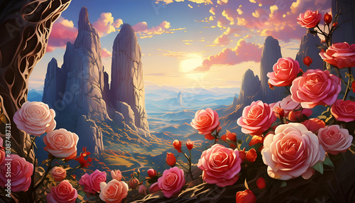 an otherworldly landscape where surreal rock formations twist and turn, adorned with mystical roses that seem to defy gravity, their ethereal beauty a testament to the magic of nature's creati photo