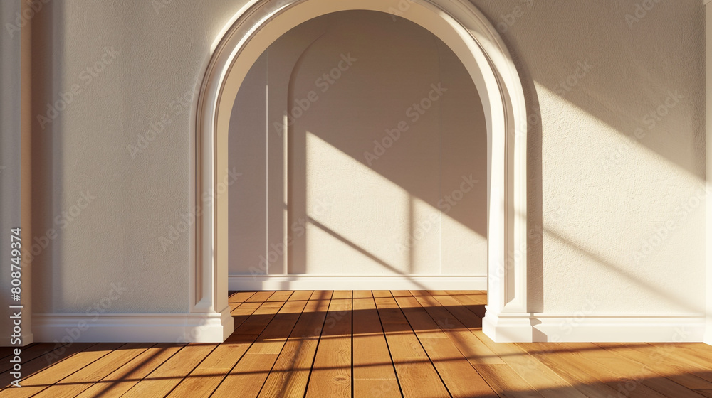 Elegantly arched 3D gallery with dark wooden floors and vivid shadows from midday sun.