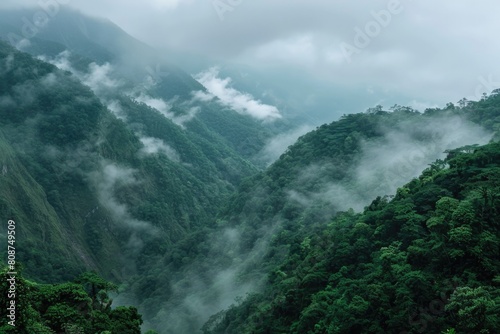 Fog Mountains. Scenic View of Mountain Range in Misty Weather © AIGen