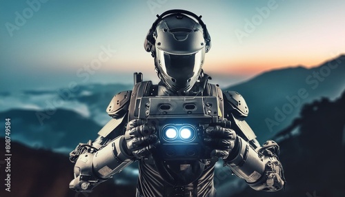 robot cyborg soldier, android robot with eyes, 3d render of a head with headphones, woman with a interface, portrait of a woman, Face of futuristic and Innovative Imagery AI and Automation use of arti photo
