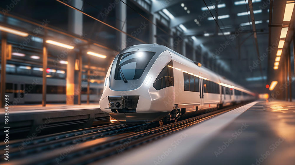 Fototapeta premium Amidst the hustle and bustle of a bustling railway depot, a modern cargo train prepares to depart, its sleek design and state-of-the-art technology emblematic of the efficiency and