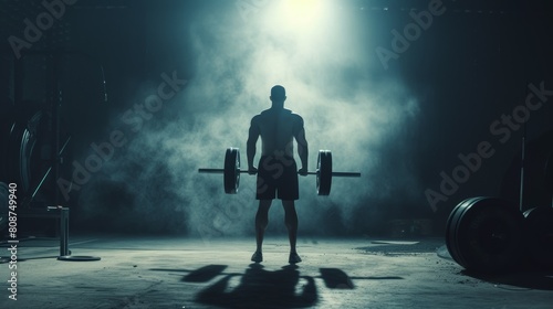 Muscular man holding a barbell in the gym photo