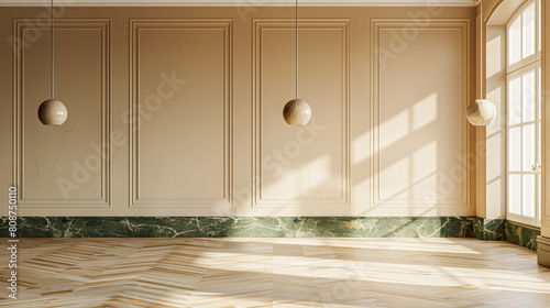 Contemporary interior showcasing warm vanilla walls, green marble details, elm wood floors, and innovative lighting.